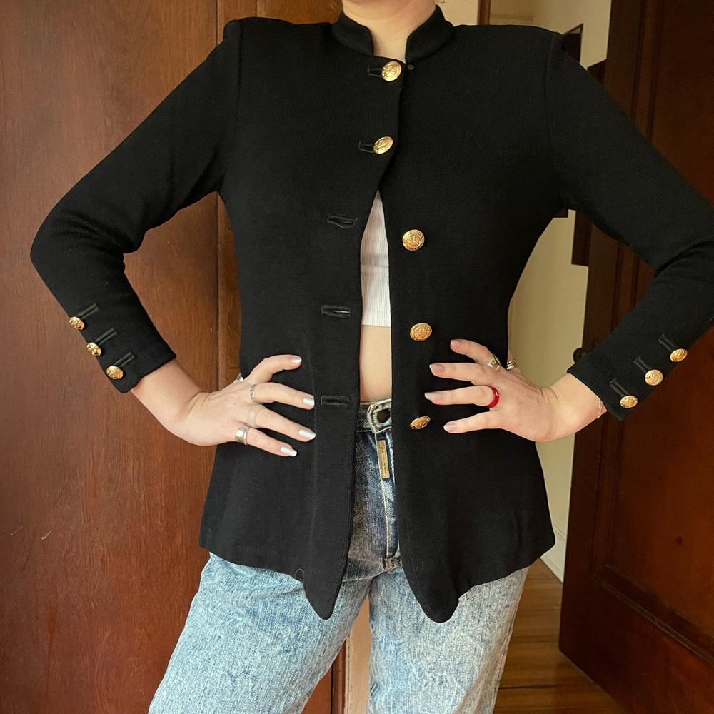 VTG 90s / Y2K St. John Basics Black Knit Cardigan w/ Gold Crest Buttons